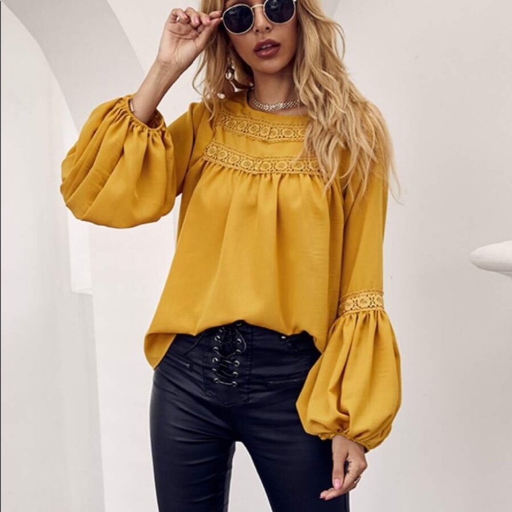 Elegant Mustard Blouse with Lace Details